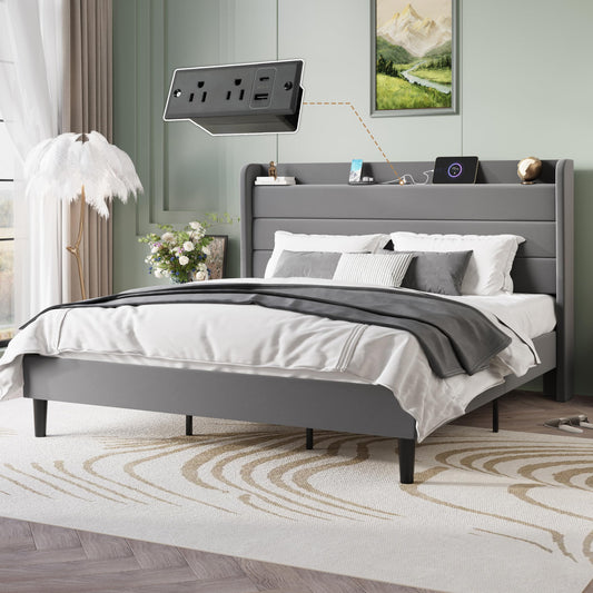 SHA CERLIN King Size Bed Frame with Charging Station, Velvet Upholstered Platform Bed, Wingback Storage Headboard, Type-C & USB Ports, Strong Wooden Slats, No Box Spring Needed, Easy Assembly, Grey