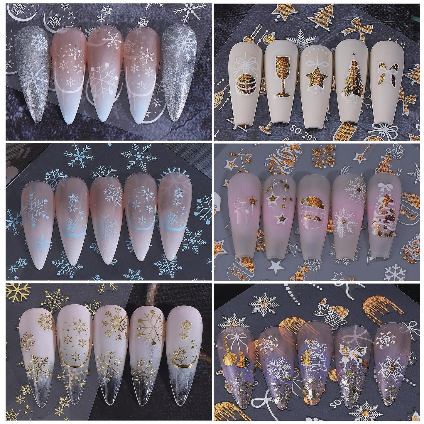 Christmas Holiday Nail Art Stickers 16PCS 3D Santa Claus Deer Decals for Nail Art Seasonal Fingernail Designs White Snowflake Gingerbread Man Self-Adhesive Manicure Decorations Accessories for Women
