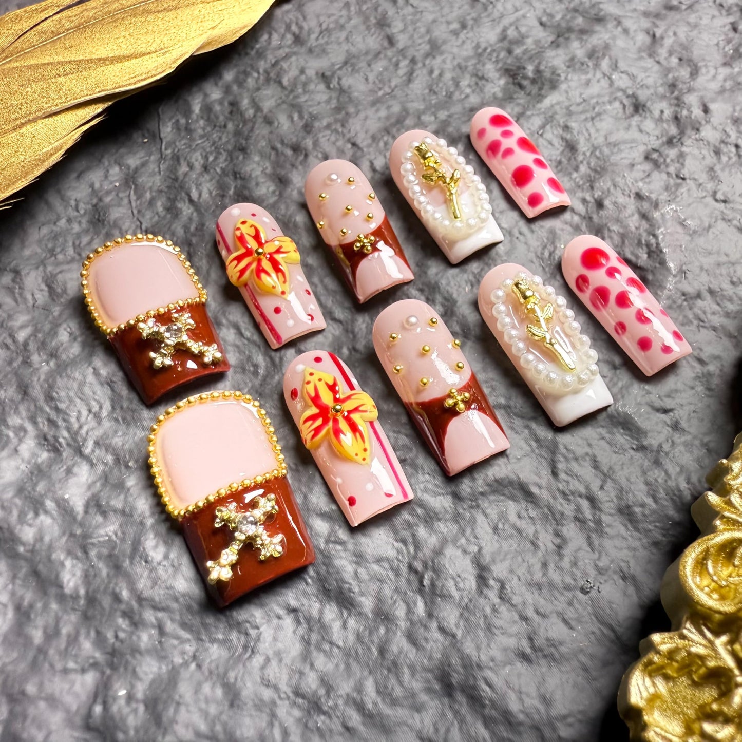 Handmade Press On Nails Square Medium Golden Floral Handmade Nails 3d Floral French Reusable Wedding Prom And Festival Gift Handmade Acrylic Press On Nails (Medium)