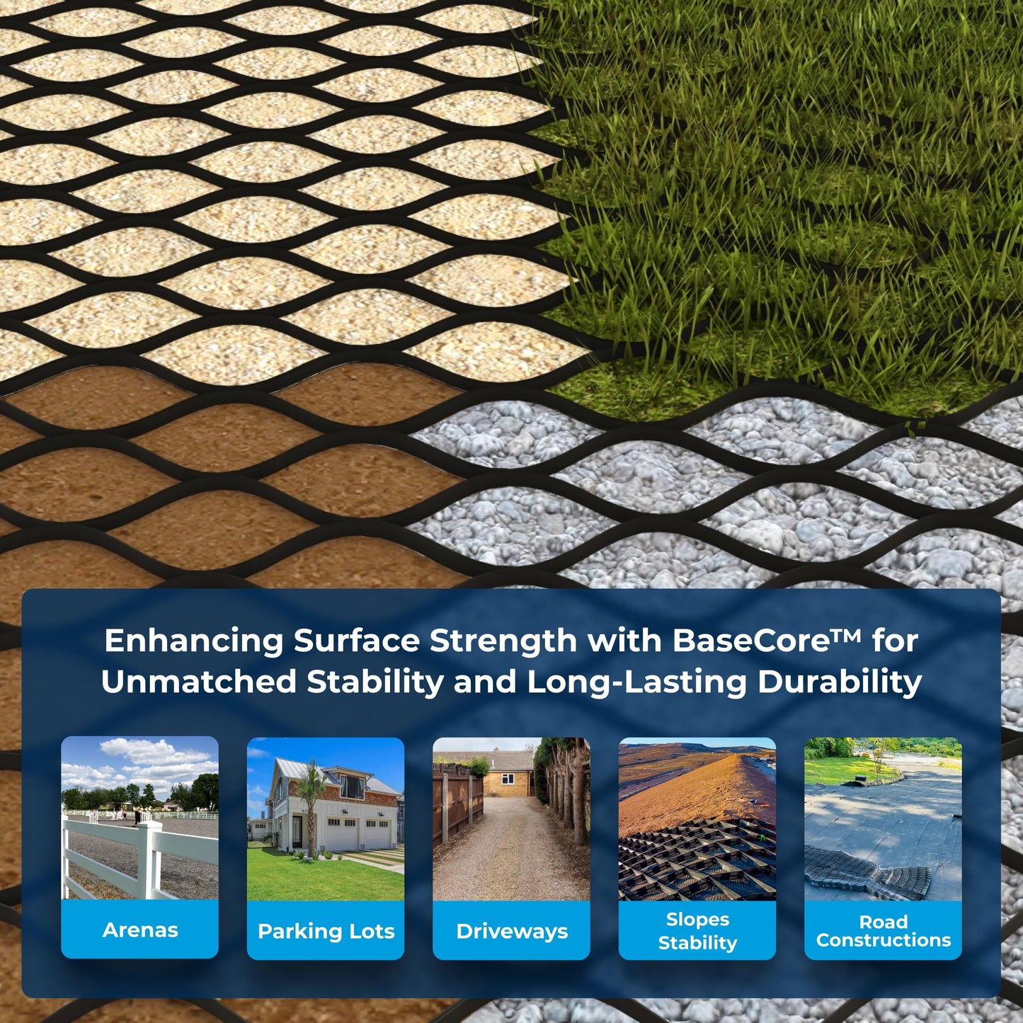 BaseCore HD™ 3" Geocell Ground Grid | 10x12 ft Commercial Grade Gravel Grid for Driveway, Parking, Slope - Heavy Duty Landscaping Stabilizer, Horse Run, Arena & Erosion Control - 1 Panel 120 sq ft