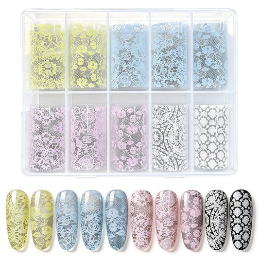 JERCLITY 10 Rolls Purple Blue Yellow White Lace Flower Nail Foil Transfer Stickers Nail Art Wraps