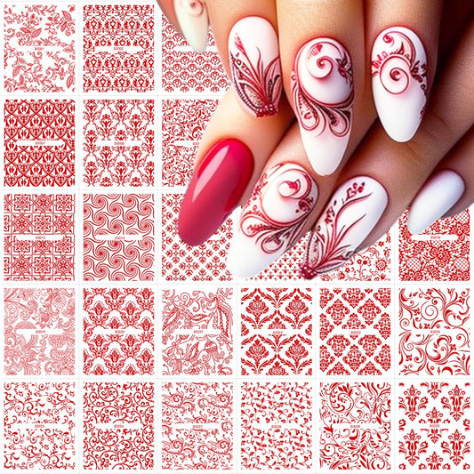 WEIXIWUYU Red Hollow Retro Floral Vine Nail Art Stickers Laser Silver Lace Design Nail Supplies 3D Self-Adhesive Nail Stickers for Women Girls DIY Manicure Slider Decorations 30 Sheets