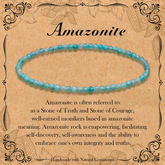 BONNY BOXX Natural Genuine Gemstone Faceted Round Beads Bracelets, 3mm Adjustable Stretchy Tiny Faceted Amazonite Bracelet, Healing Crystal Reiki Chakra Dainty Jewelry Fashion Gifts