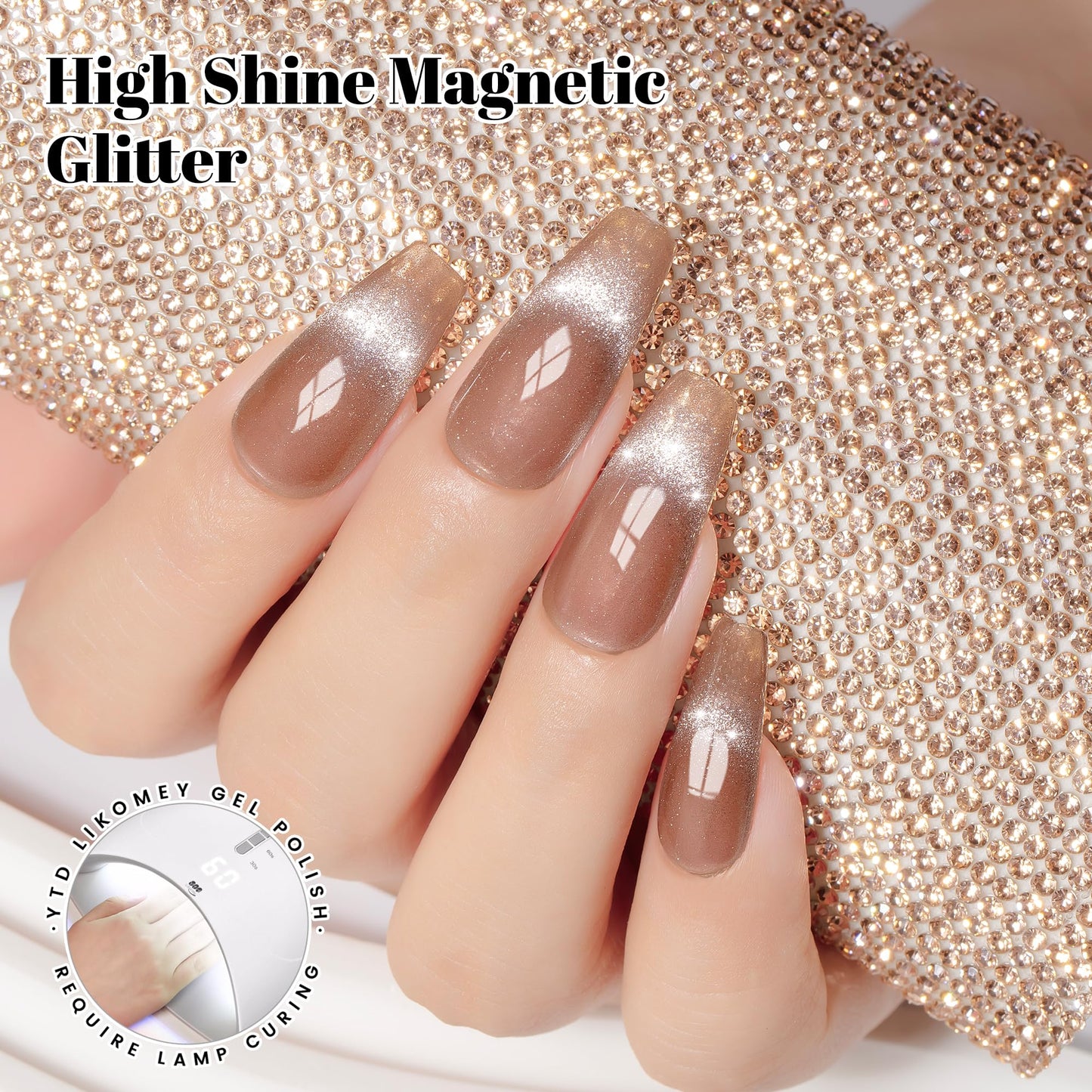 YTD Likomey Cat Eye Gel Nail Polish Set,Summer 8 Colors Crystal Magnetic Glitter with Magnet Stick Kit,Silver Green Blue Black Champagne Gold Brown Plum UV Color Varnish,0.25 Fl Oz 7.5 ml