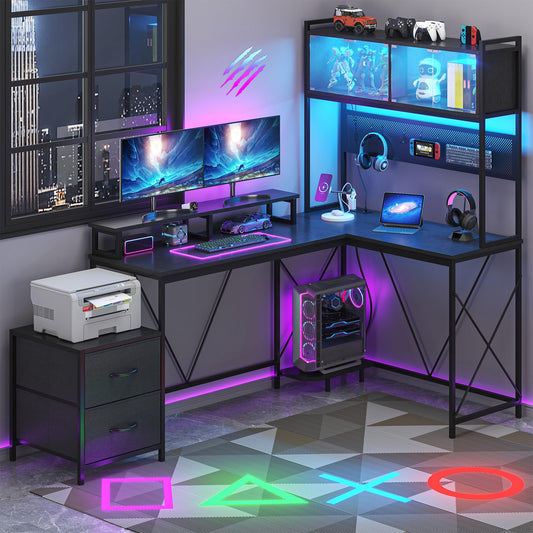 kepptory L Shaped Gaming Desk with DIY Pegboard, Home Office Computer Desk with Raised Display Stand, 2 Drawers and LED Glass Cabinets, Corner Desk with Printer Desktop&Power Outlet, Black