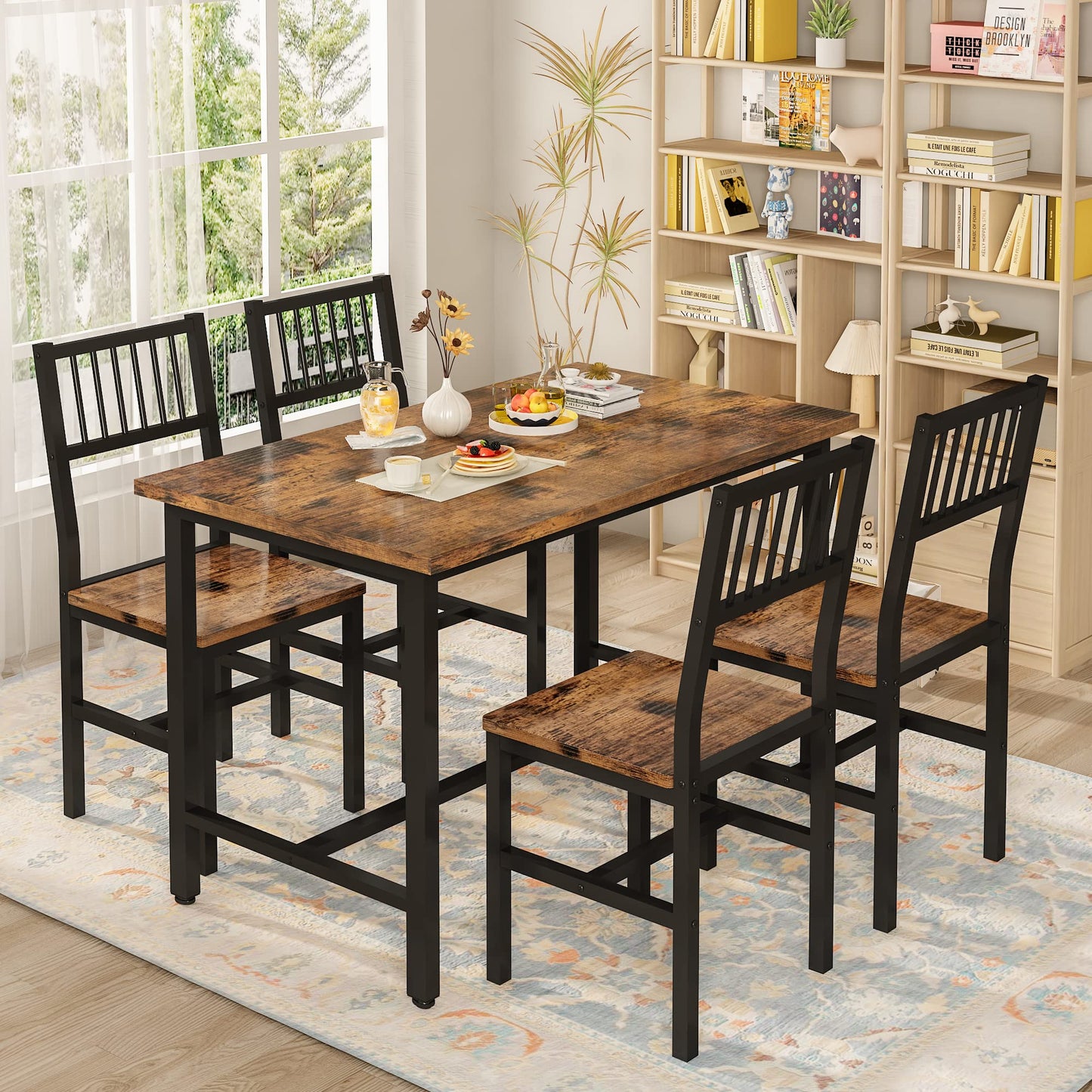 AWQM 43.3 Inch Dining Table Set for 4,Industrial Table with 4 Curved Chairs Set,5-Piece Rectangular Kitchen Table Set for Dining Room,Breakfast Nook,Small Space
