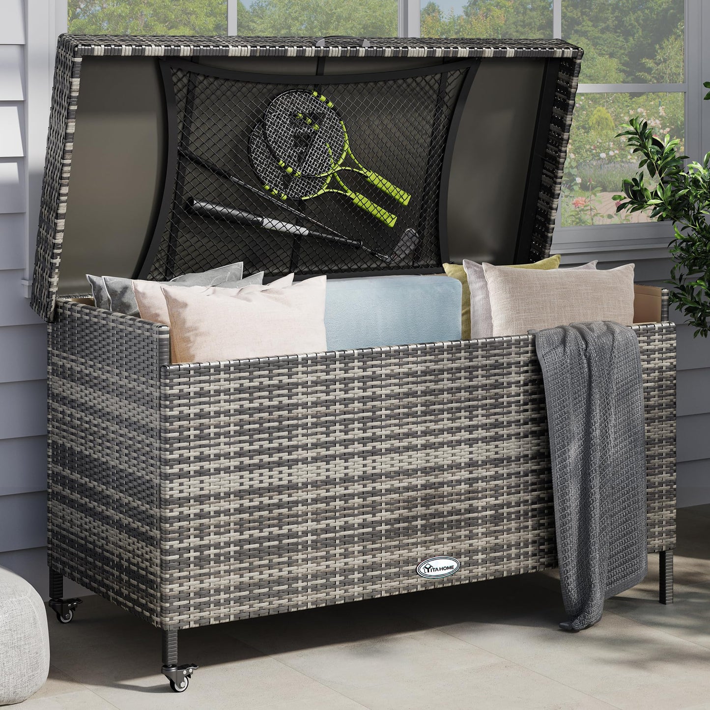YITAHOME 200 Gallon Large Wicker Deck Box w/Storage Net, Rattan XL Outdoor Storage Box Patio Cushion Storage, Waterproof Storage Box for Patio Furniture, Garden Tools, Pool Sports Equipment (Grey)