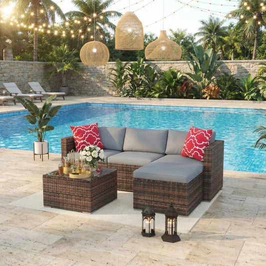 5-Piece Patio Sectional Sofa Set, All-Weather Brown PE Rattan Outdoor Conversation Furniture with Neutral-Tone Cushions, Glass Coffee Table & Footstool, Modular Design for Garden, Porch, Balcony, Pool