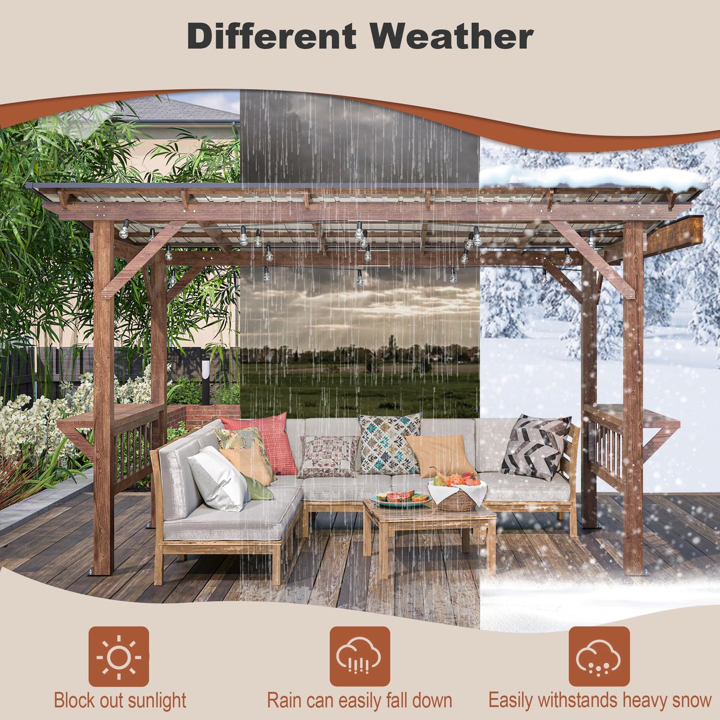KEIKI 13' x 6.5' Wooden Grill Gazebo Metal Roof, Bulbs, Bar Counters, Patio Hardtop Grill Pergola, BBQ Canopy for Outdoor Patio, Lawn, Garden, Backyard