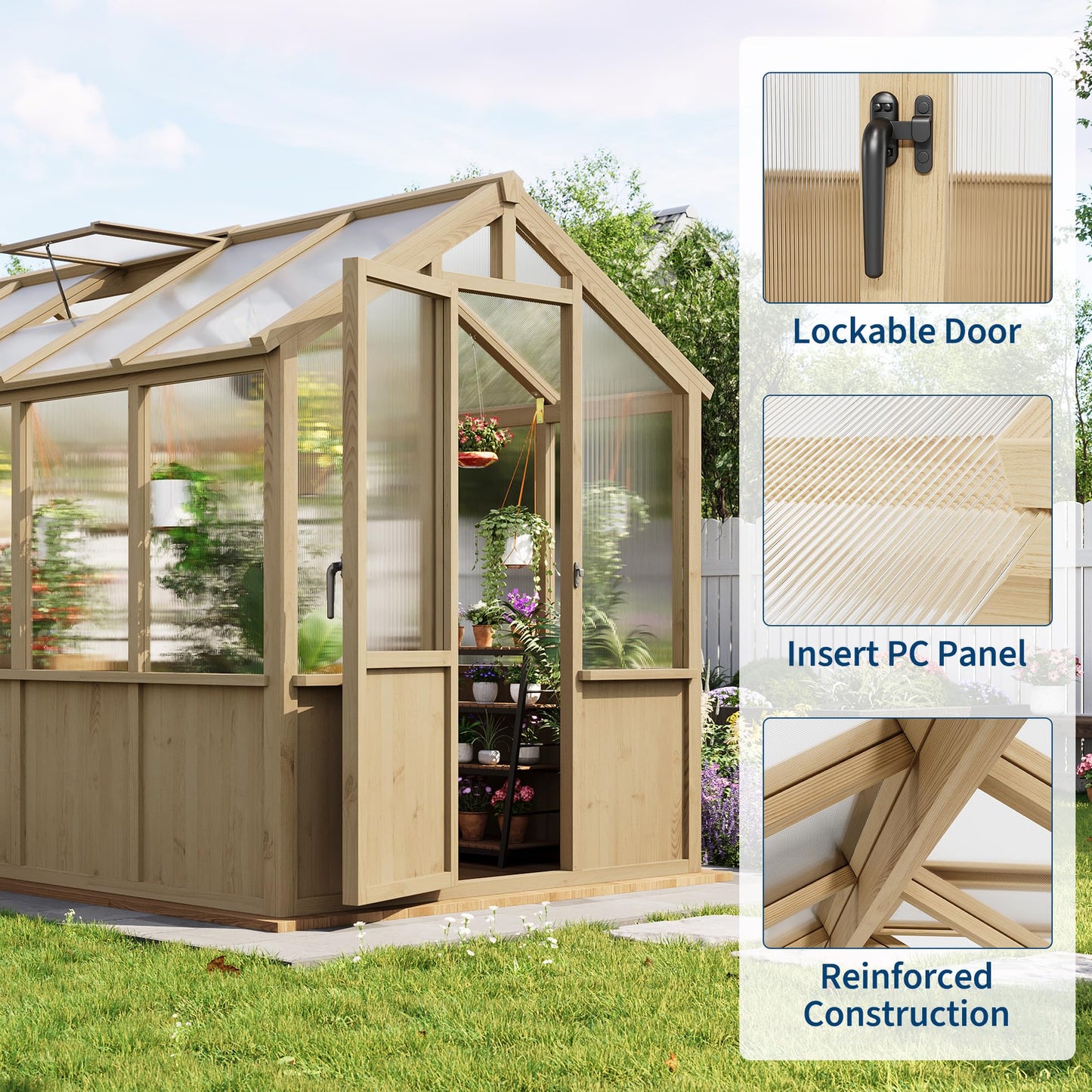 6x12 FT Greenhouse - Large Wooden Greenhouses for Outdoors, Heavy Duty Spruce Frame Greenhouse with PC Panels, Adjustable Roof Vents & Lockable Door, Walk-in Green Houses for Garden, Backyard, Patio