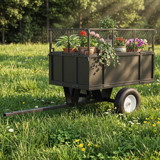 17 Cu.ft Heavy-Duty Steel Dump Trailer Cart, 750 Lb Capacity Tow-Behind Utility Trailer with Removable Mesh Sides & Pneumatic Tires for ATV, UTV, Lawn Tractor, Yard & Farm Hauling, Black