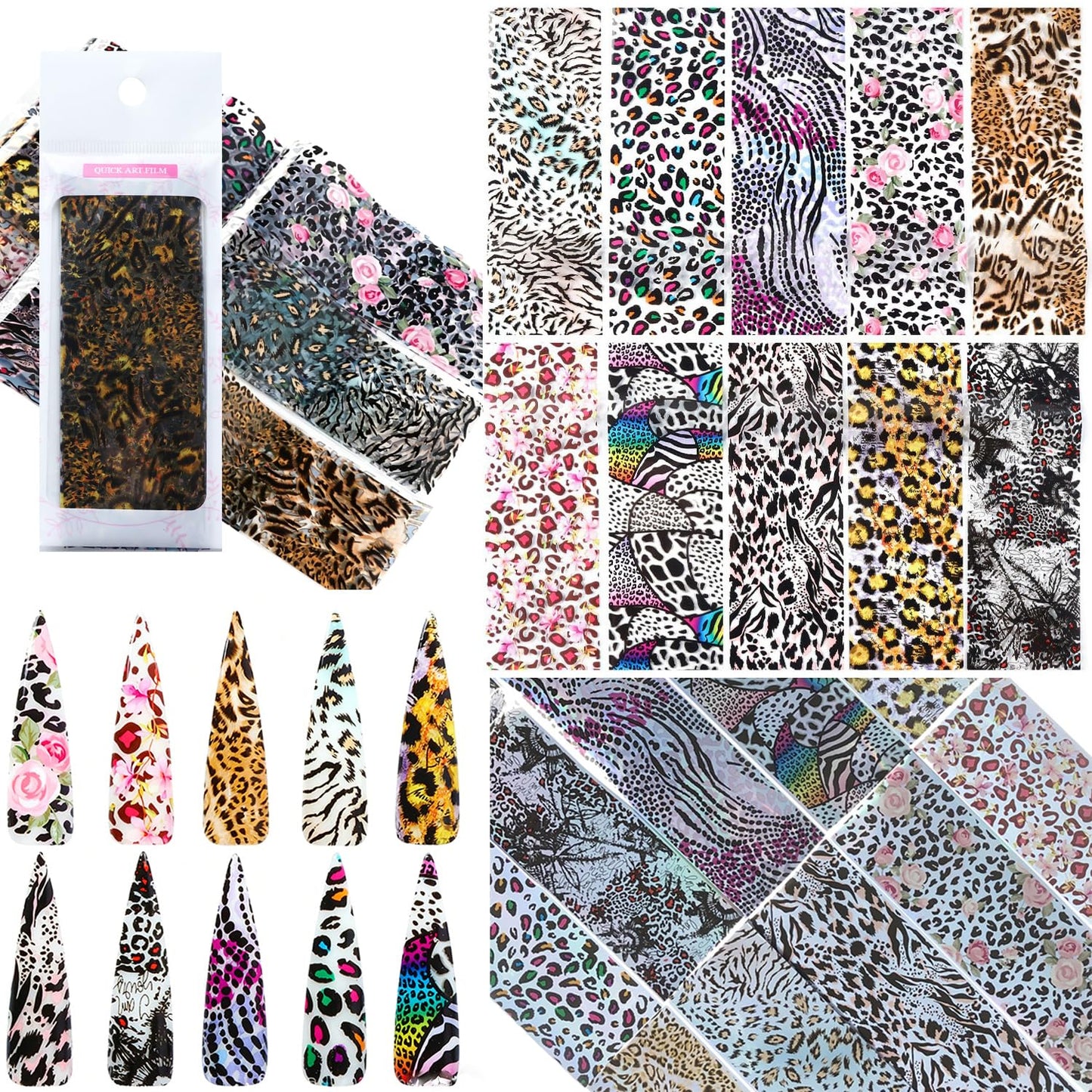 60 Pieces Nail Art Transfer Foils,Mixed Designs - White Black Lace, Flowers, Leopard Print, Marble, Snake Print Patterns, 1 Pcs Nail Art Engraving Pen Silicone Pen, 4 * 20cm