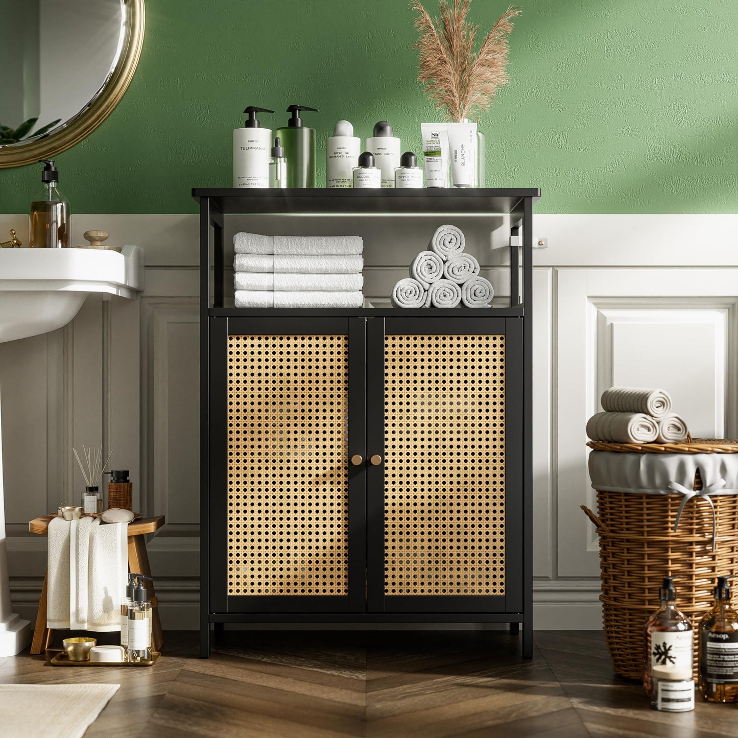 vovala Bamboo Floor Rattan Cabinet, Bathroom Storage Organizer Rack with 2 Doors and 1 Shelf, Space Saving Wood Kitchen Cupboard, Hallway Side Table, Living Room Freestanding Stand (Black)