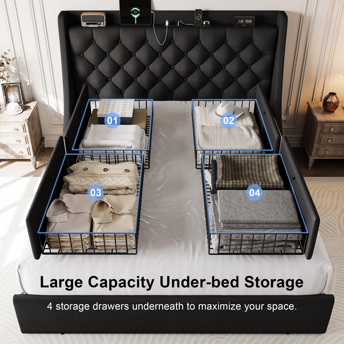 AMBERHAUS Queen Size Upholstered Platform Bed Frame with 4 Storage Drawers and Charging Station, Linen Button Tufted Wingback Headboard, Sturdy Wooden Support Slats, No Box Spring Needed, Black