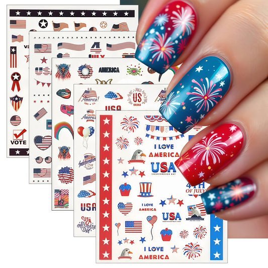 5 Sheets Independence Day Embossed Nail Art Stickers Self-Adhesive July 4th American Flag Eagle Fireworks Balloon Design Statue of Liberty Women's Nail Decoration
