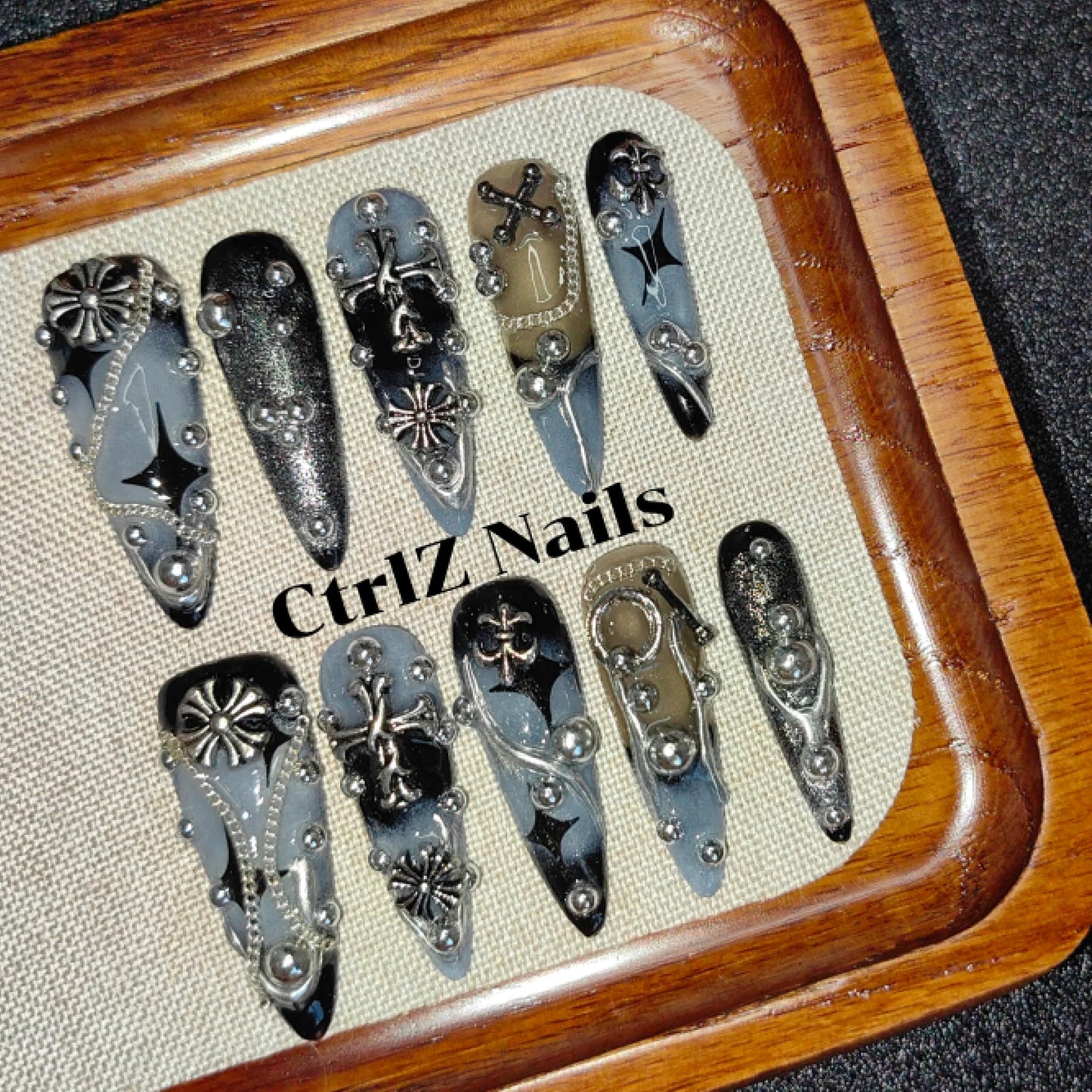 CtrlZ 3D Handmade Luxury Stiletto Press On Nails – Gothic Cross Blue Black Metal Stud Design, Reusable Fake Nails, Size S