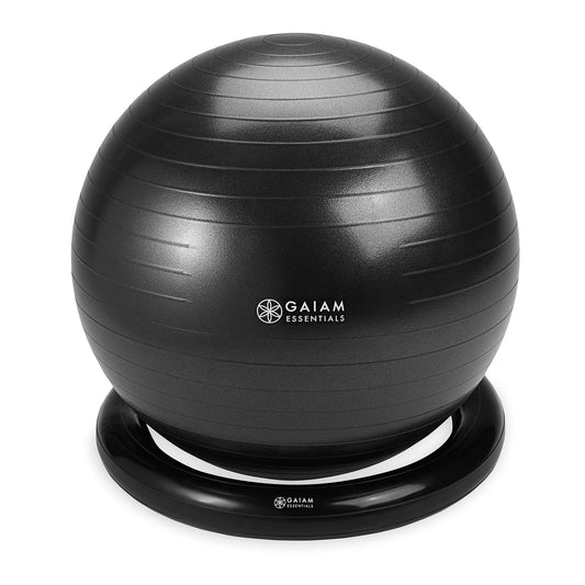 Gaiam Essentials Balance Ball & Base Kit, 65cm Yoga Ball Chair, Exercise Ball with Inflatable Ring Base for Home or Office Desk, Includes Air Pump, Black