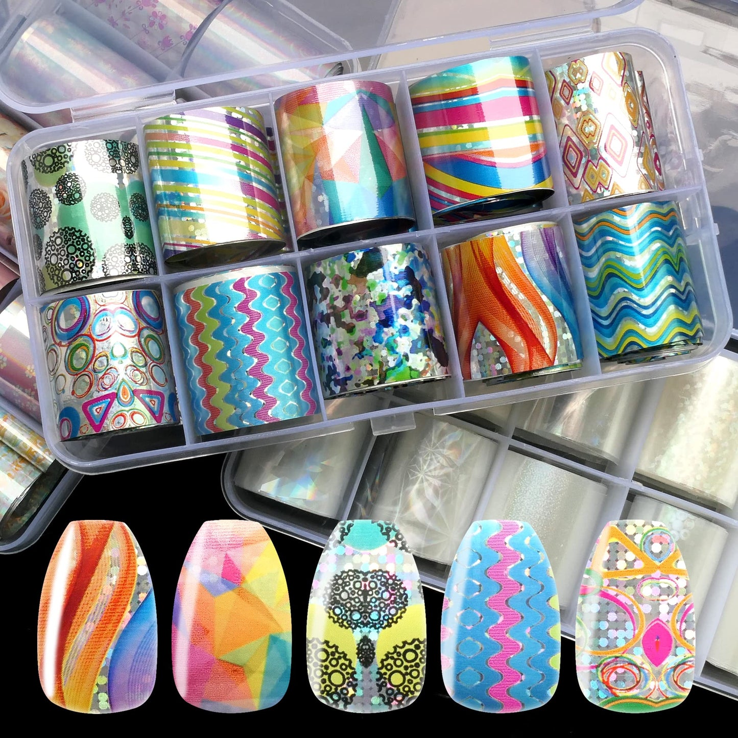 AddFavor 30 Roll Nail Foil Transfer Sheets Holographic Colorful Flower Geometric Nail Foil Decals AB Iridescent Nail Art Stickers for Women Girls Manicure Design