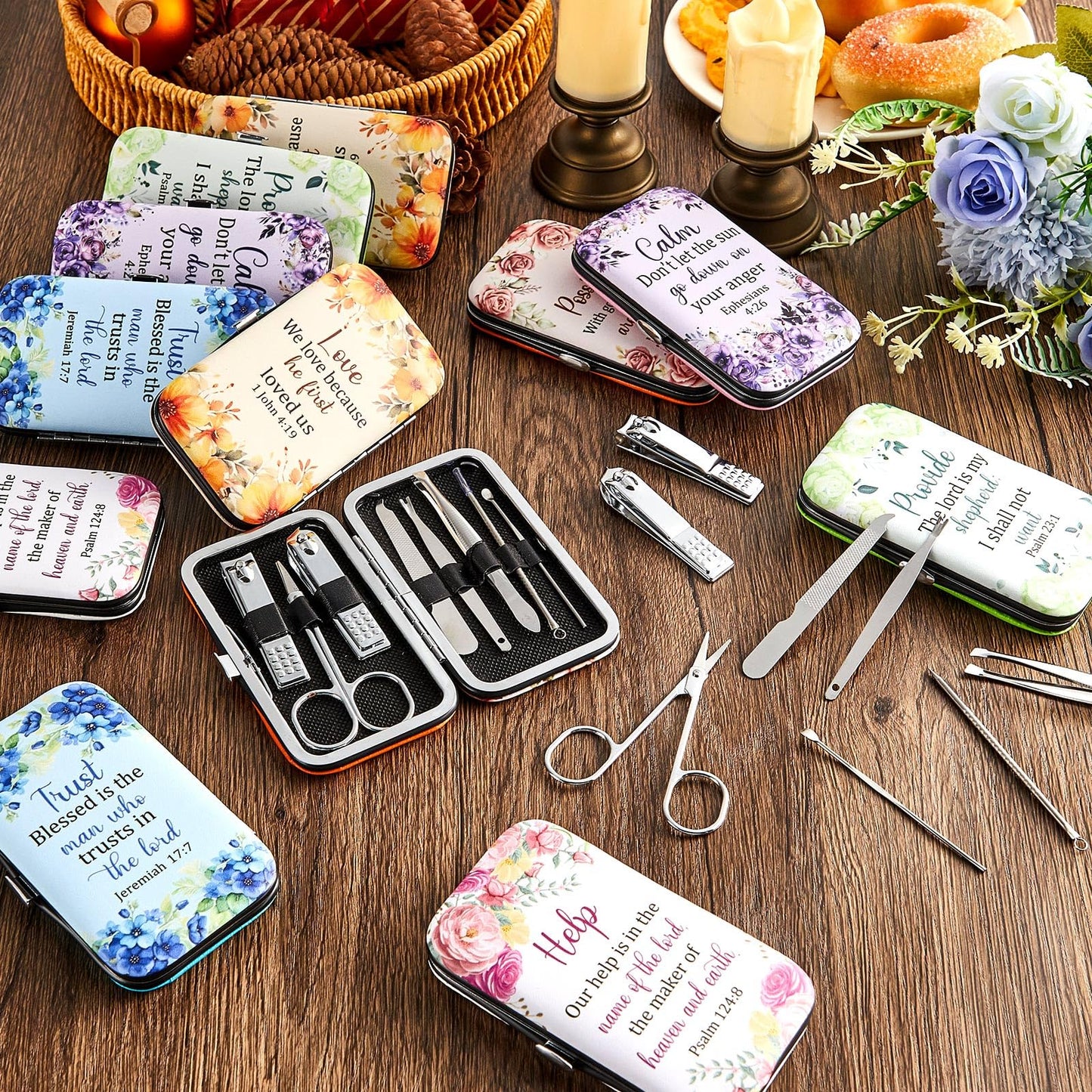 12 Sets Christian Gifts Bulk for Women Religious Nail Clipper Gifts Bible Verse Manicure Kit 8 in 1 Bible Manicure Sets Floral Scripture Stainless Nail Gift for Staff Women Wedding Party Supplies