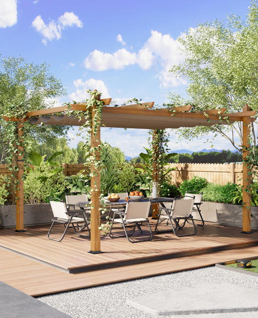 Garvee 10x13 ft Outdoor Pergola with Retractable Canopy – Upgraded Aluminum Faux Wood Grain Metal Patio Pergola for Modern Backyard Deck, Porch, Grape Trellis in Khaki