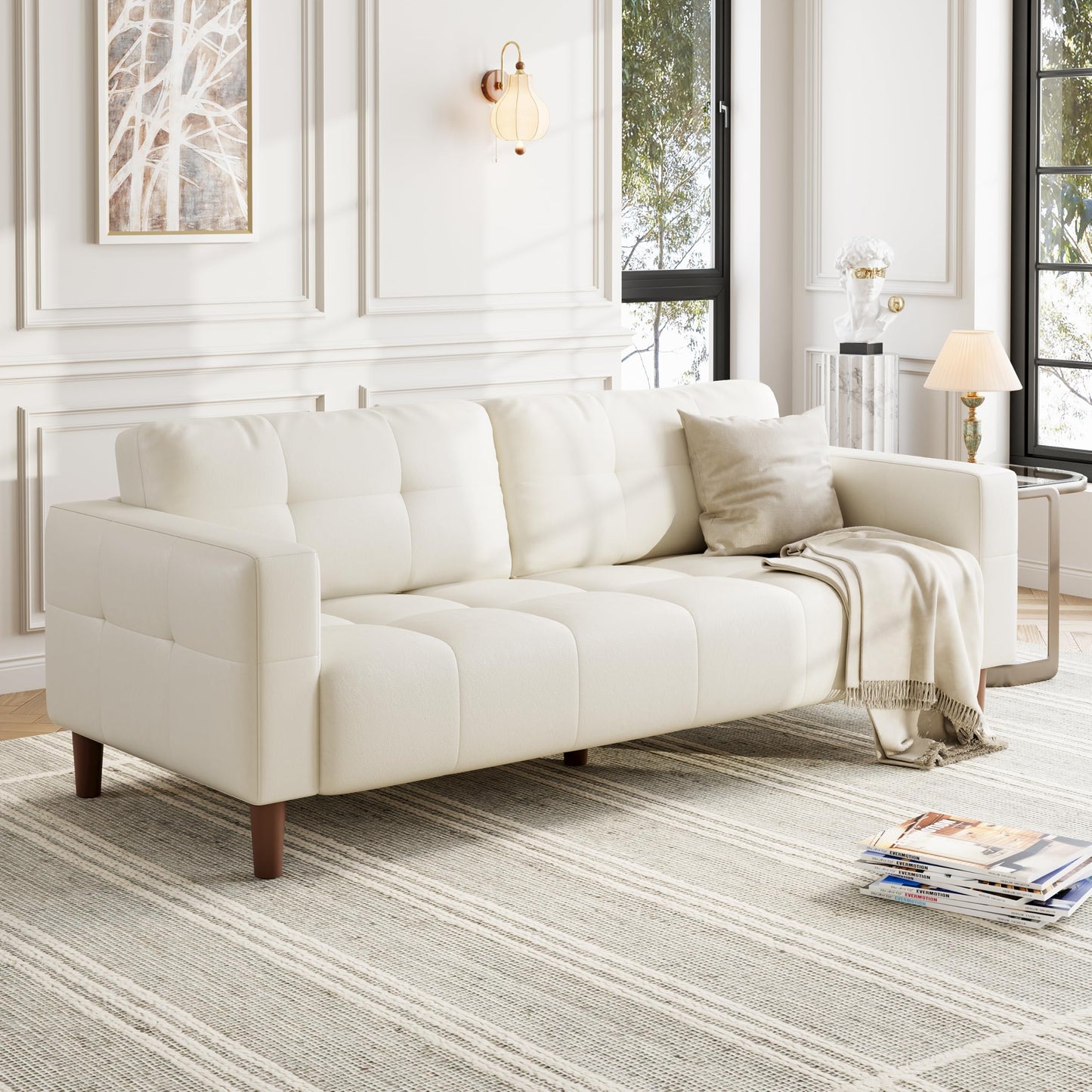 IDEALHOUSE 83” Beige Faux Leather Couch, 3 Seater Sofa Couches with 2 Removable Back Cushions for Living Room, Large Mid Century Modern Office Apartment Couch (Beige)