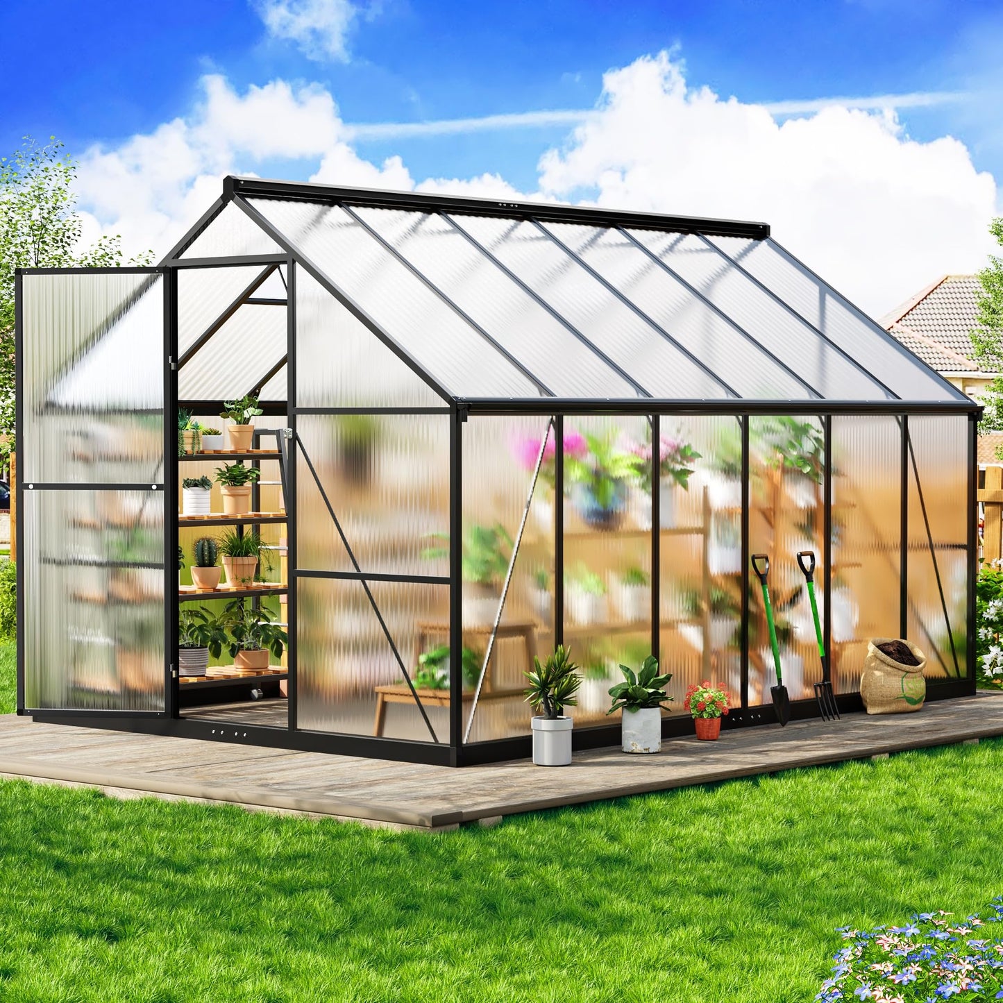 AirWire 8×12 FT Greenhouse for Outdoors, Quick Setup Polycarbonate Greenhouse with Roof Vent, Walk in Green Houses for Outside for Outdoor Garden Backyard, Black