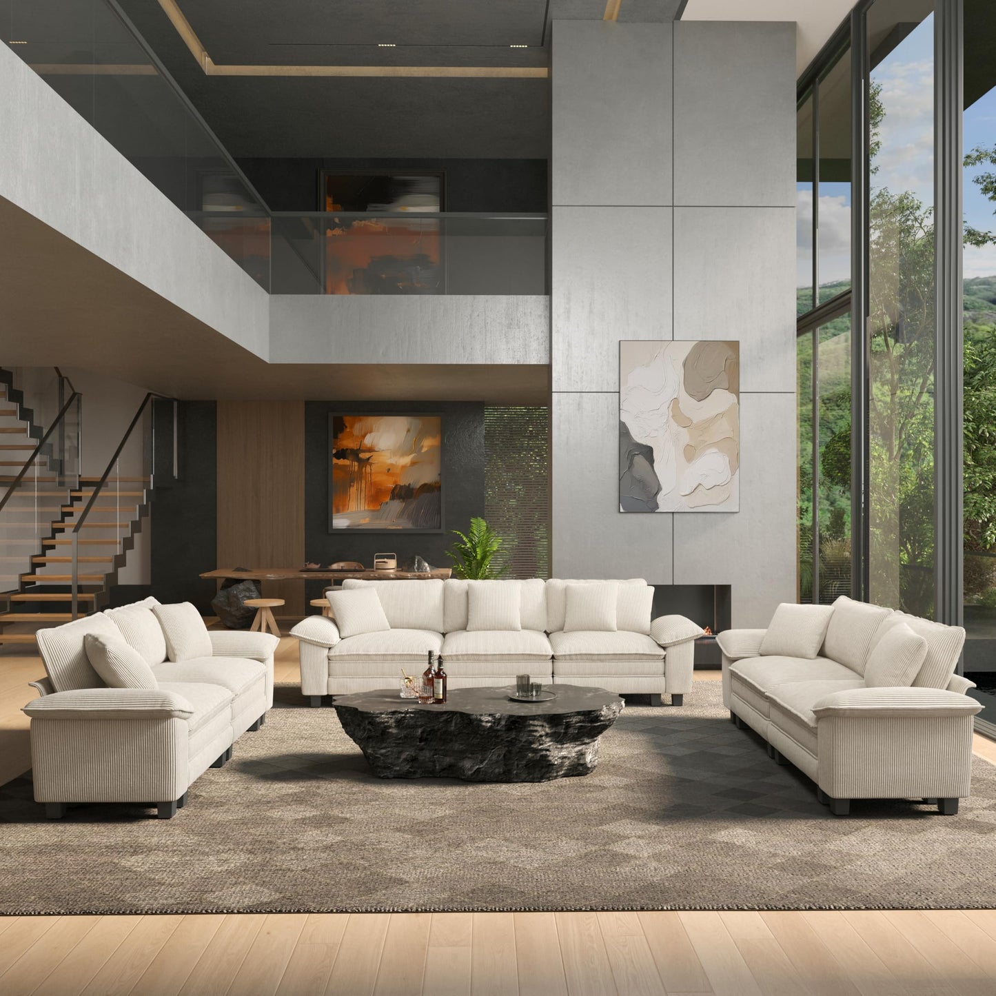 HERA'S HOUSE 3 Pieces Modular Sectional Sofa Sets, Oversized Couch Set with Loveseats, Comfy Cloud Couches with Throw Pillows, 7-Seater Deep Seat Sofa for Living Room, Corduroy Beige