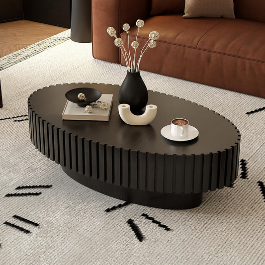 KEIKI 43.31'' Oval Coffee Table, Handcrafted Relief Sturdy Pedestal, Wooden Olive-Shaped Tea Table, Modern MDF & Solid Wood, Open Storage, Easy Assembly for Living Room, Black