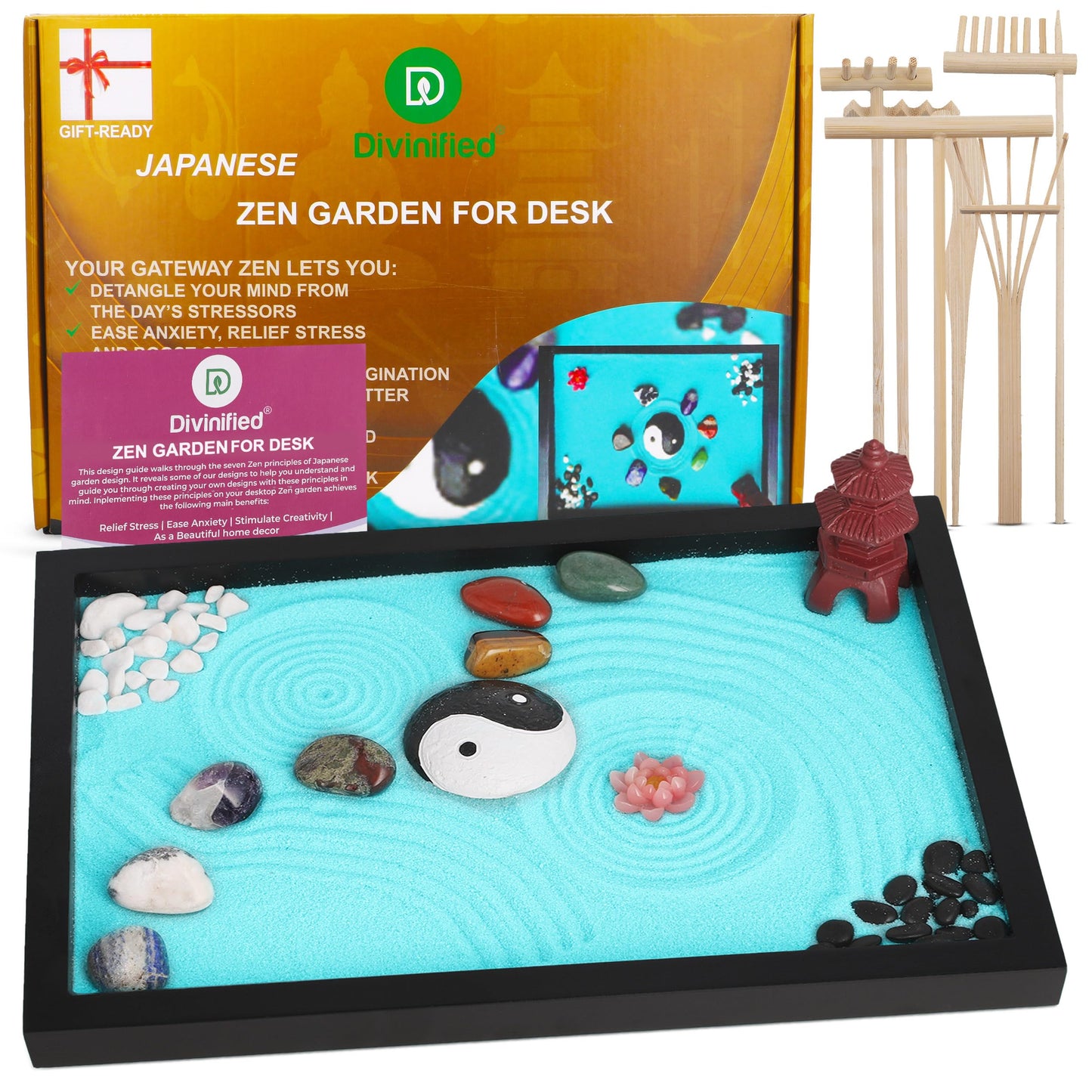 D DIVINIFIED Zen Garden for Desk, Sand Tray Therapy Kit, Therapy Office Decor, 11x8-11 Japanese Desktop Zen Garden Accessories and Meditation Accessories for Home and Office Relaxation