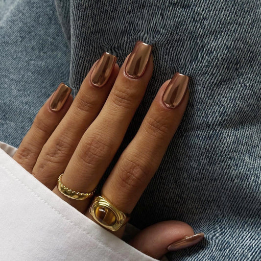 KQueenest Chrome Brown Press on Nails Short Medium Square, Glitter Bronze Fake Nails Press Ons, Sparkle Metallic Acrylic Nails Glue on, Glazed Gel Glue on Nails for Women Party Wear in 24 Pcs
