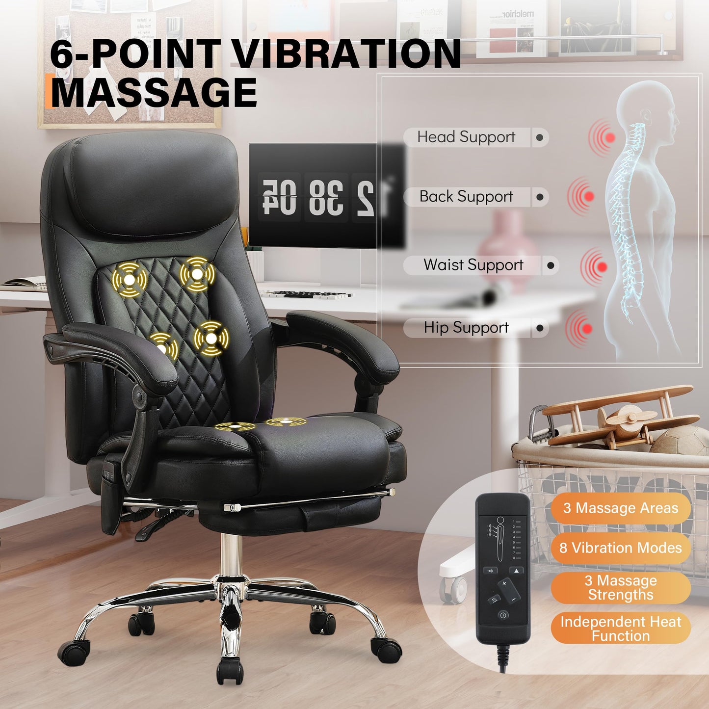 500LBS Massage Office Chair, 6 Points Vibration & Heat Executive Office Chairs, 135°Reclining Comfy Desk Chair with Footrest, Wider & Thicker Seat Cushion, PU Leather Big and Tall Gaming Chair, Black