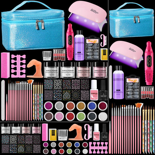Nail Kit for Beginners with Everything: Acrylic Nail Set Professional Drill Powder Liquid Starter Kits with U V Lamp in Cosmetic Gift Bag for Women Salon Home(Blue)