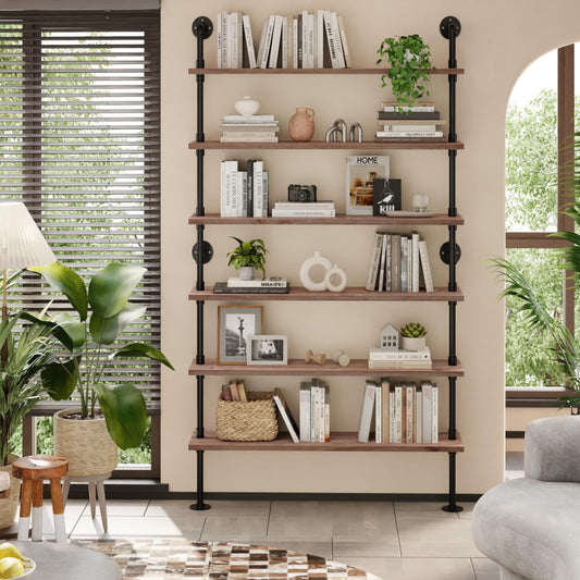 Anynice Industrial Ladder Pipe Shelf, Wall Mounted Wood Metal Bookshelf for Living Room Storage (Weathered Brown, 6 Tier - 10" D x 48" W x 82.5" H)