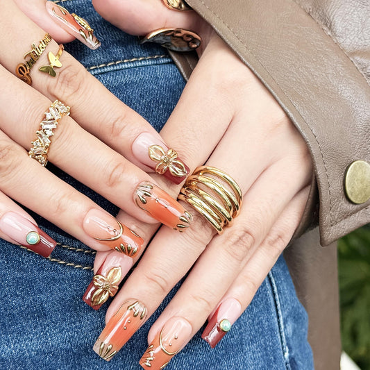 10PCS Autumn Majesty Acrylic UV Gel Press on Nails - 25mm Warm Brown Amber Burgundy Nails with Vintage Gold Details & Gemstone Charms, Luxury Reusable Fake Nails for Women (Multicolor, M)