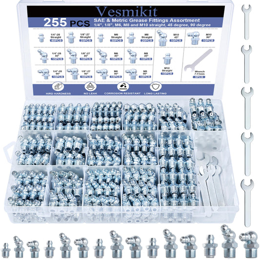 255PCS Grease Fittings Assortment,SAE & Metric Grease Zerk Fittings 1/4" 1/8" M6 M8 M10 straight 45 90 degree with Wrench Kit(7-11mm) for Grease Gun,Fit Tractor Vehicle Excavator Trailer Equipment