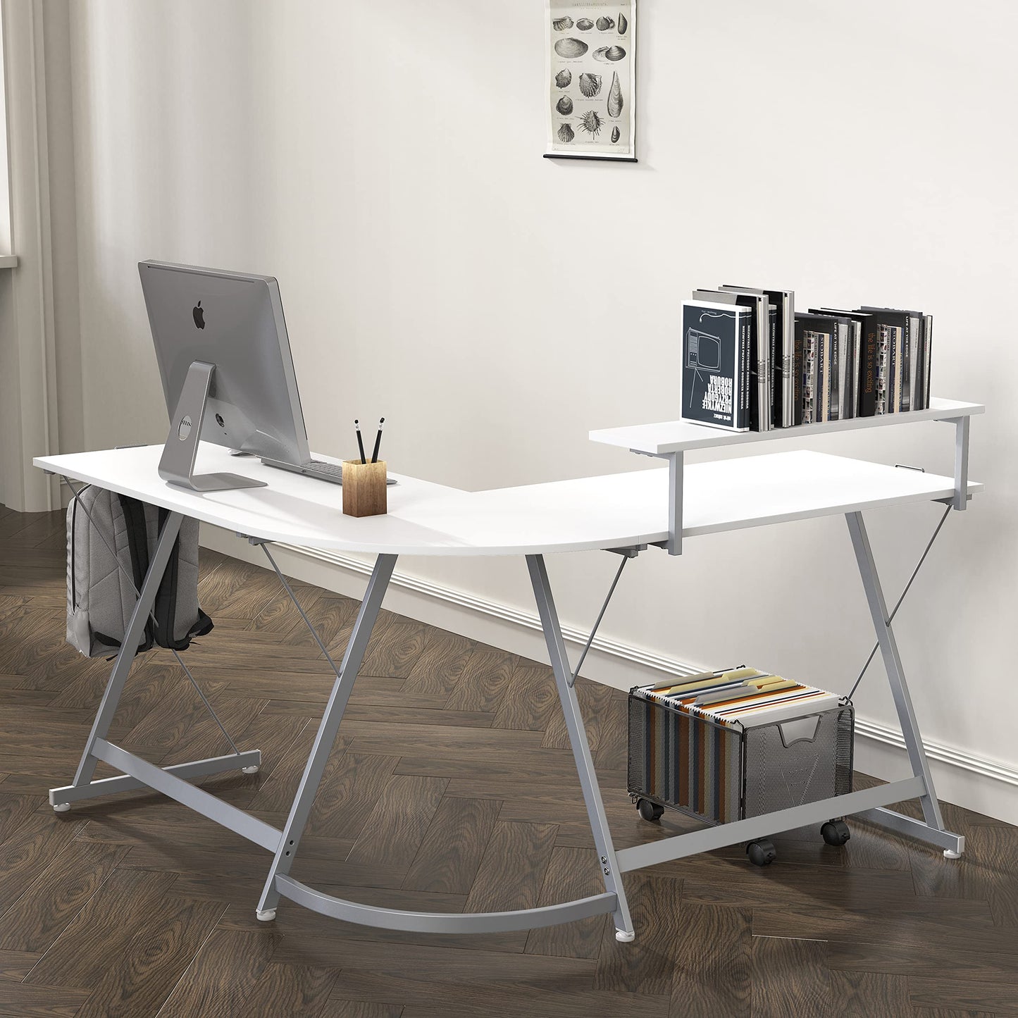 SHW 51 x 51 Inches Vista L-Shaped Desk with Monitor Stand and Drawer, White