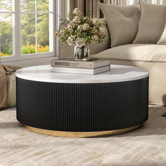 Furniture of America Beryl Modern Round White Genuine Marble Top Coffee Table with Fluted Pedestal Base and Gold Stainless Steel Accent, Low Profile Table for Living Room, Home Office, Black