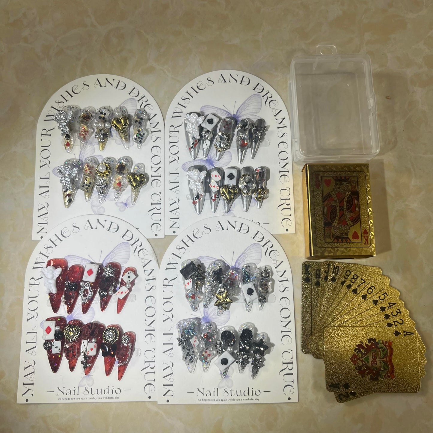 Mystery Box Random 4Pack(40Pcs) Handmade Nails Manual Press on Nails Poker Playing Pard Nails Manicure Charms Nails Art Nail Kit for Women Party Holiday Photo Wedding 30mm Long Size M