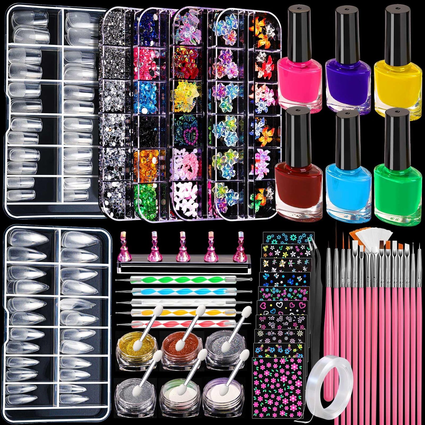FANDAMEI Nail Art Kit, 54 Pcs Nail Tool Set with 6-Color Nail Polish, 20 PCS Nail Art Brushes, 2 Box False Nail Tips, 6 Jar Chrome Nail Powder, 4 Box Nail Charms, 10 Sheet Nail Stickers for Beginners