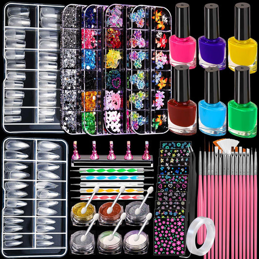 FANDAMEI Nail Art Kit, 54 Pcs Nail Tool Set with 6-Color Nail Polish, 20 PCS Nail Art Brushes, 2 Box False Nail Tips, 6 Jar Chrome Nail Powder, 4 Box Nail Charms, 10 Sheet Nail Stickers for Beginners
