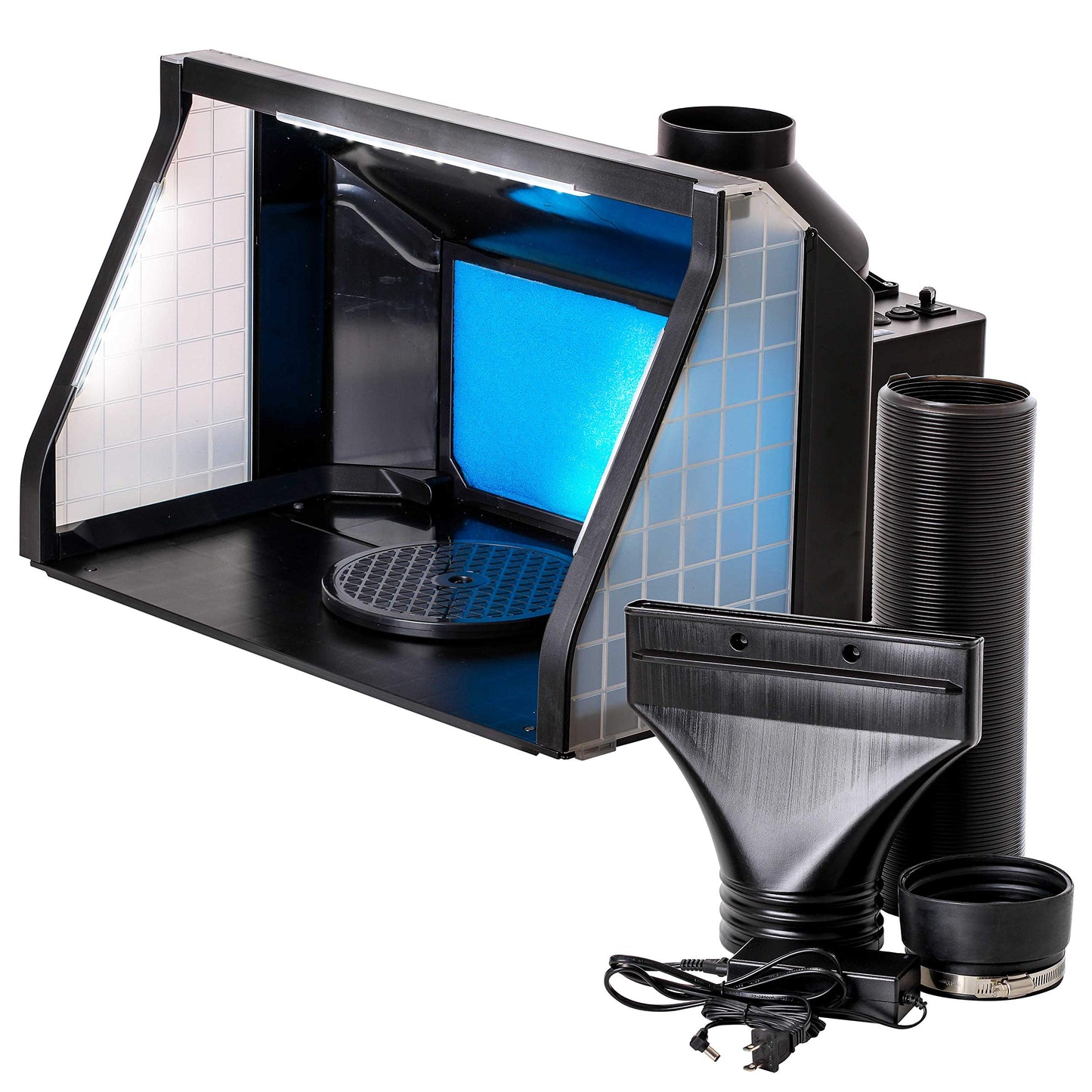 Master Airbrush Large Portable Airbrush Spray Booth Station with LED Lights, 25W Fan, Turntable & 6' Exhaust Hose, 22.25"x19"x14" Hobby Airbrush Booth for Painting, Models, Arts, Crafts, Cakes