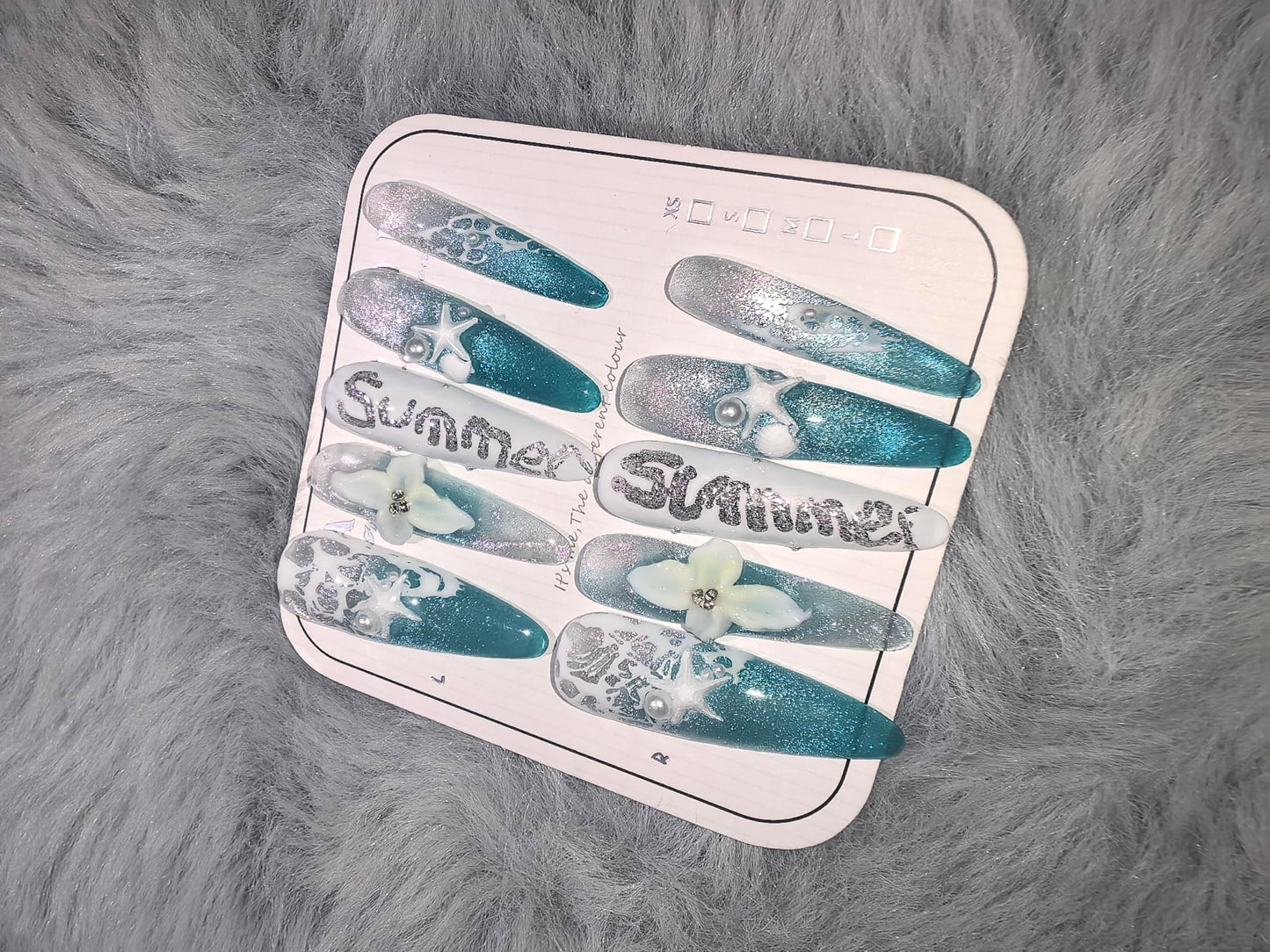 Summer Ocean Themed Press On Nails, Starfish & Floral Embellished Extra Long Stiletto Fake Nails, Reusable Manicure Set (S)