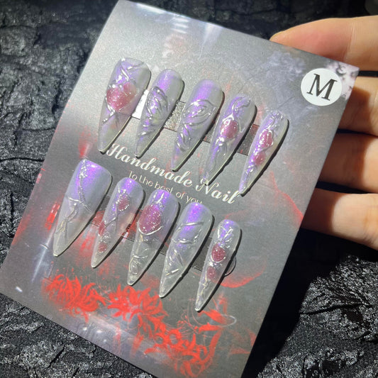 Press on Nails Handmade Nails 10Pcs Gothic Style Manual Nail Art Violet Fake Nails for Women Party Holiday Photo 3.0CM Size S