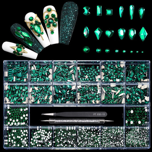 Yzzseven 12 Types of Green 600 Diamonds + 2500 Flat Rhinestones Mix 20 Styles Flatback DIY Crafts Rhinestone Crystals 3D Decorations Flat Back Stones Set +Tweezers + Drill Pen