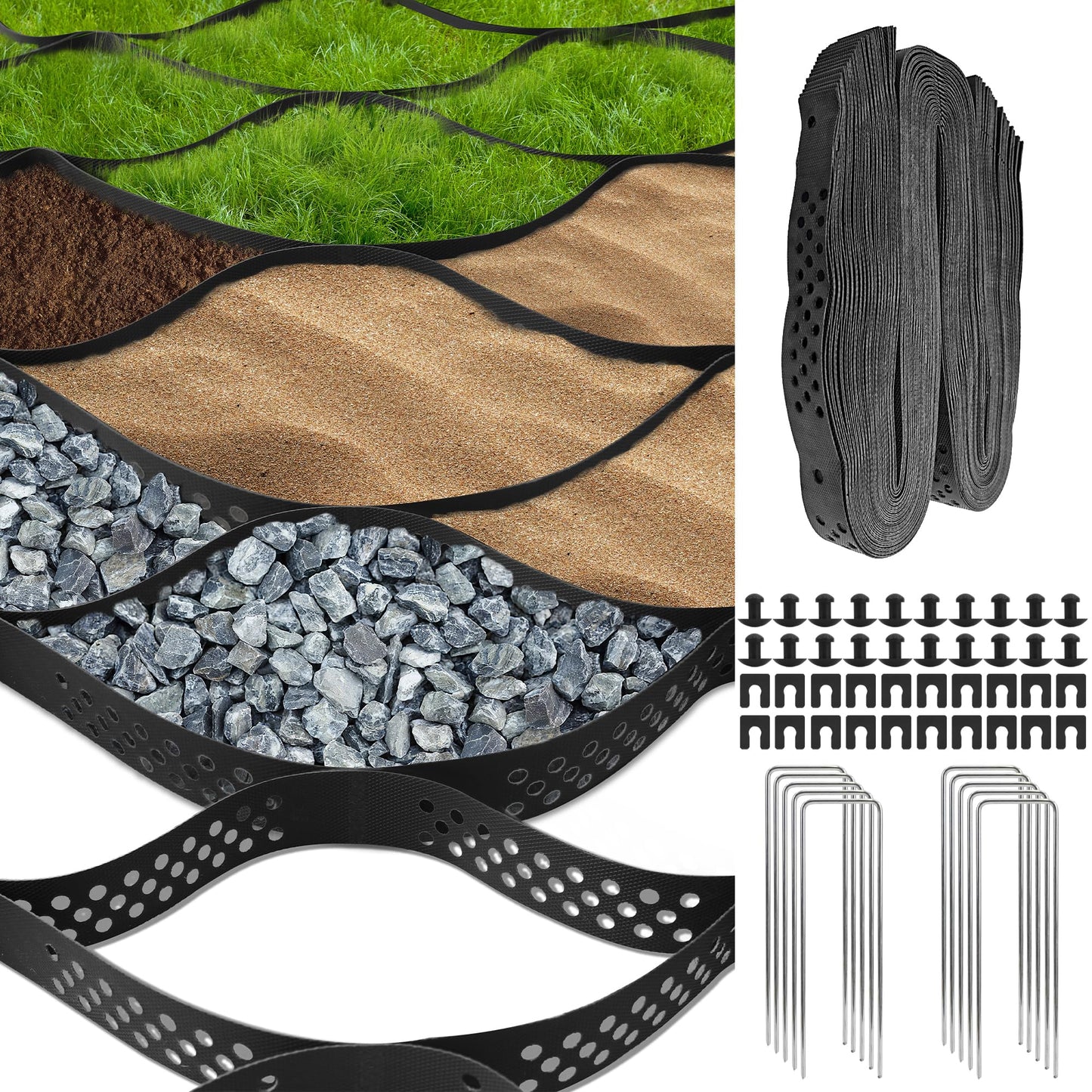 Sumloty Gravel Grid 4x33 FT-2" Depth HDPE Geo Grid 1885 lbs Per Sq Ft Load with U-Shaped Stakes & Connectors for Driveway, Patio, Shed Base, Parking Lot, Grass Stabilization, Black