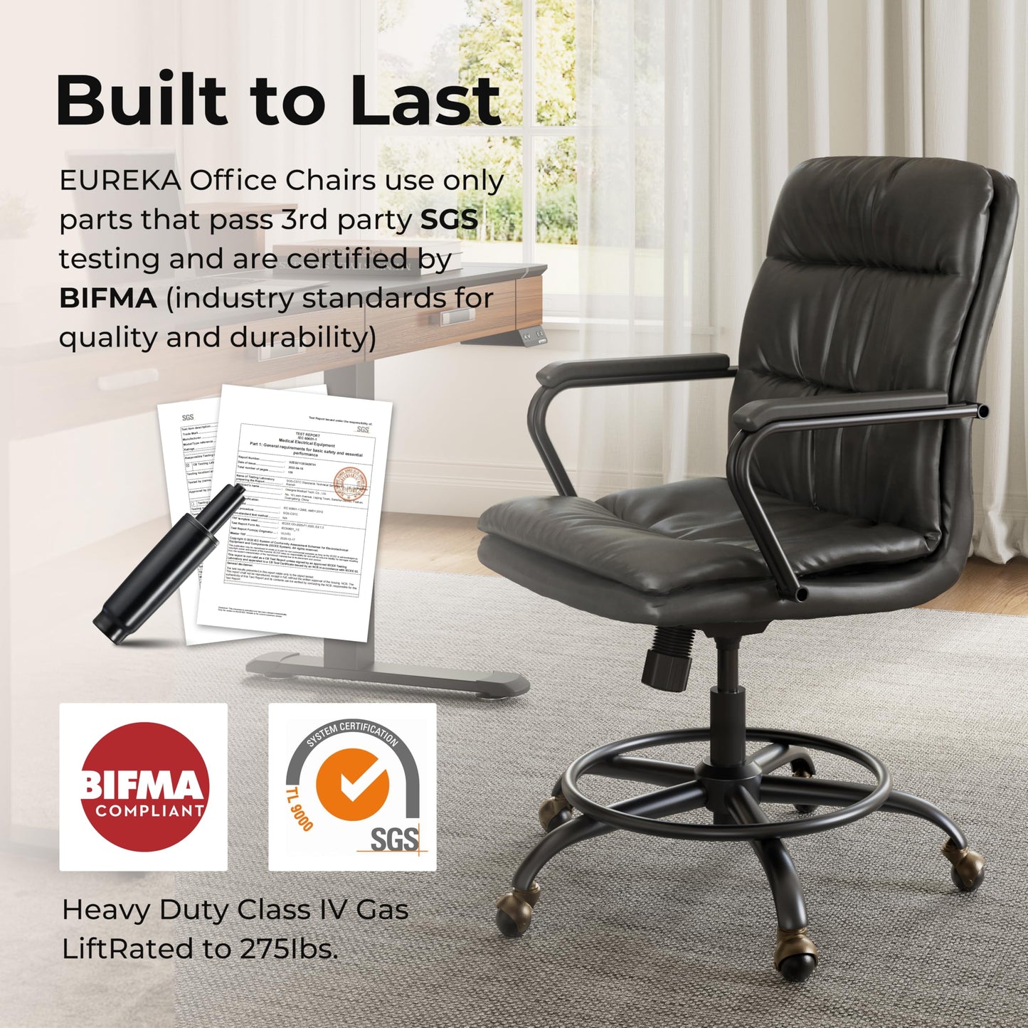 EUREKA ERGONOMIC Mid-Century Vintage Office Chair, Faux Leather Executive Desk Chair with Unique Ball Casters and Fixed Footrest Ring, Brown Retro Swivel Chair for Home Office and Study, Gray