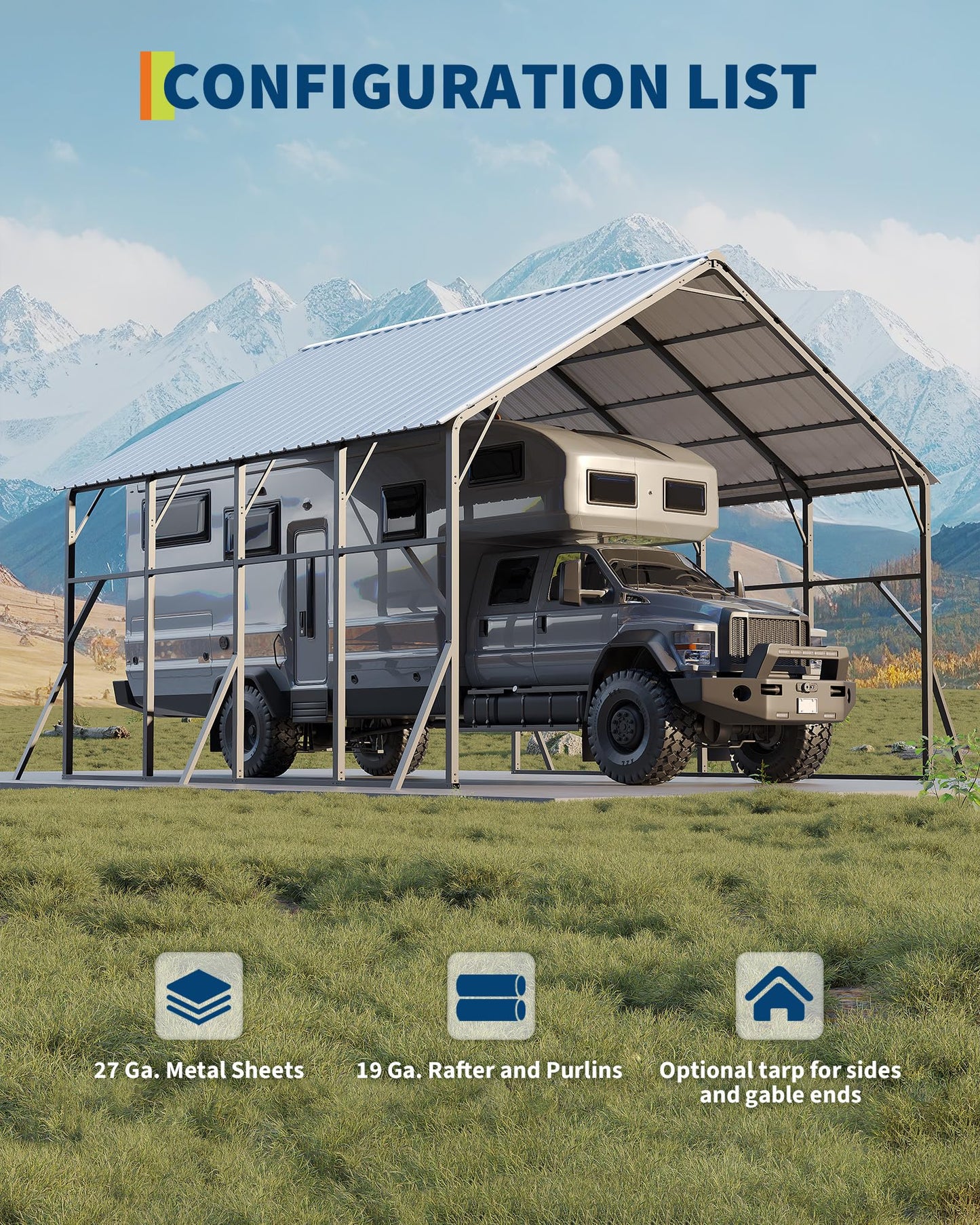 GarveeLife 20x20 ft Vertical Roof Metal Car Port, with 120° Steep-Pitch Roof for Snow Shedding, 173" High-Clearance RV & Tractor Shelter, Heavy-Duty 2 Cars Car Port with Reinforced Frame