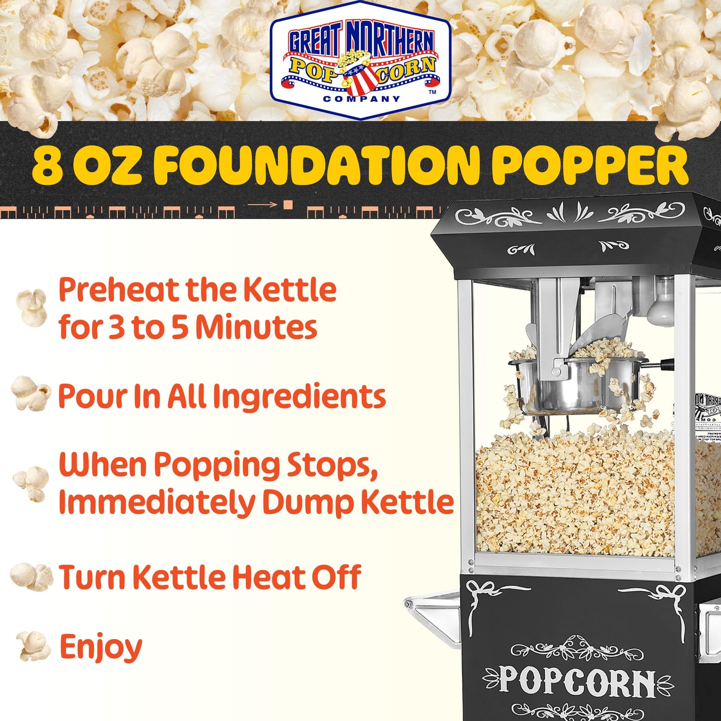 Great Northern Popcorn Foundation Popcorn Machine with Cart - 8oz Popper with Stainless-Steel Kettle, Warming Light, and Accessories, Black