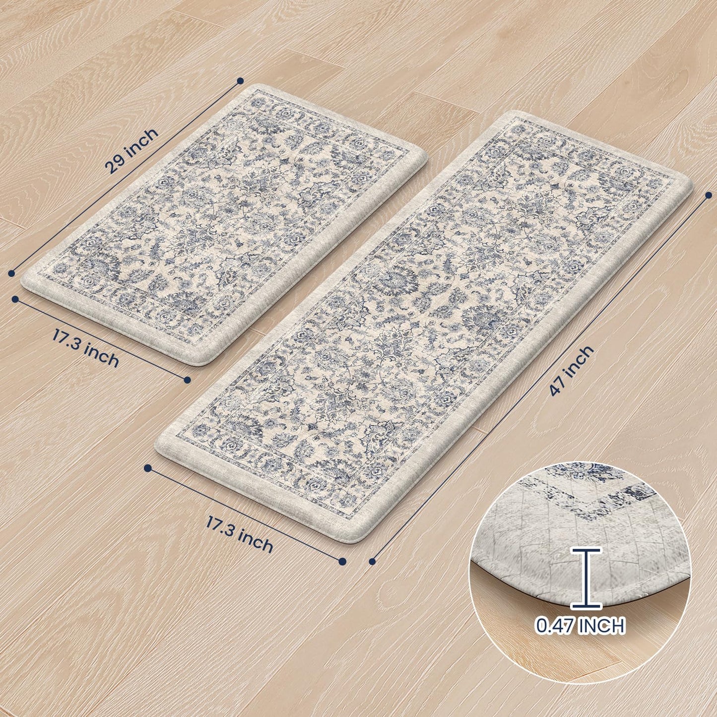KIMODE Anti Fatigue Kitchen Mats for Floor, Boho Floral Kitchen Rugs 17"x29.5"+17" x47”, Cushioned Mats for Kitchen Floor, Non Slip Kitchen Floor Mats, Sink, Laundry, Office, Desk Blue Multi