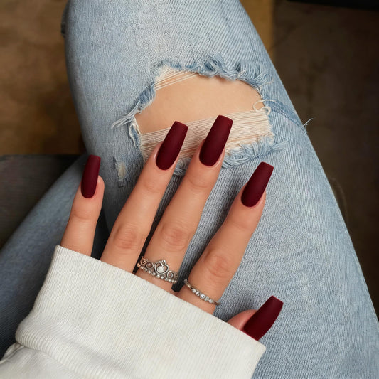 Matte Dark Red Press On Nails - Medium Long Square, Coffin Acrylic Press Ons - Glue On Medium Length, Solid Color Fake Cherry Red Thick Stick On Nails for Women